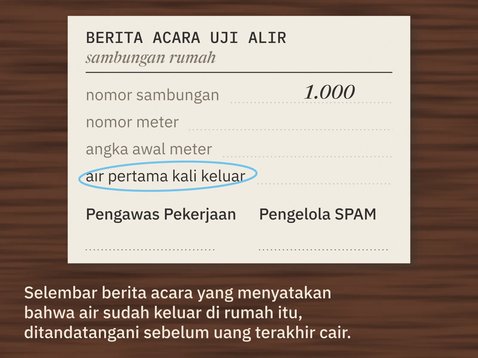 Selembar berita acara uji alir sambungan rumah di atas meja. Nomor sambungannya 1.000; nomor meter dan angka awal meter masih kosong, dan isian air pertama kali keluar dilingkari pensil biru. Kolom tanda tangan Pengawas Pekerjaan dan Pengelola SPAM masih kosong.